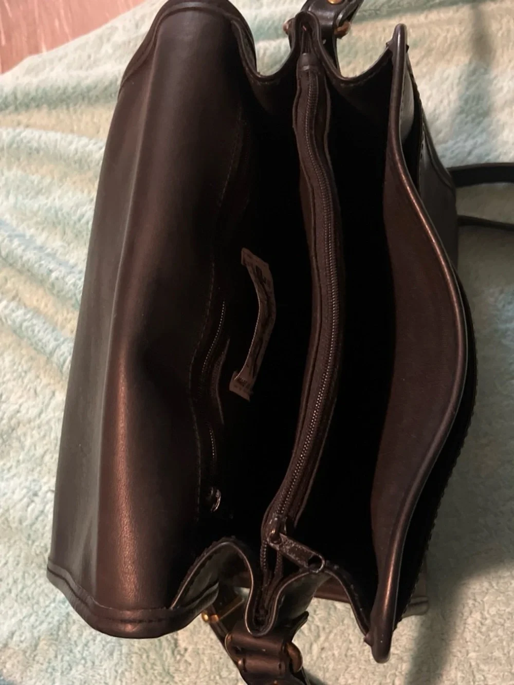Perry Ellis Black Leather Messenger Bag with Brass Logo Plate